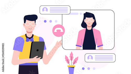 Man and woman starting video call. Suitable for remote work, online meetings, virtual dating, communication technology concepts in design projects.