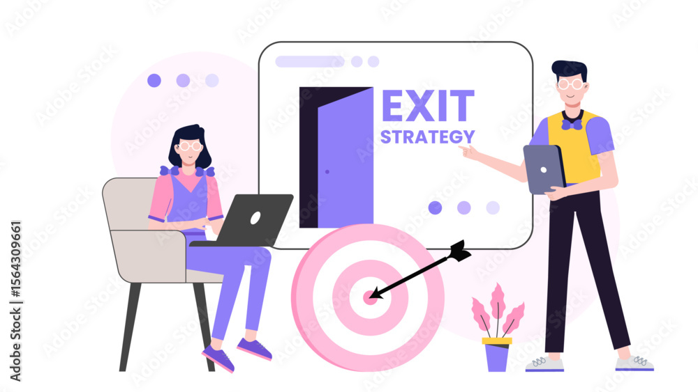 Fototapeta premium Exit strategy plan discussion between colleagues, brainstorming options. Suitable for business articles, presentations, financial blogs, and educational materials.