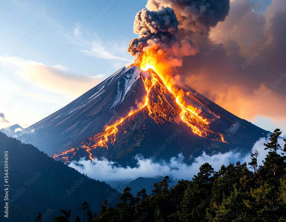 Obraz premium Fiery Eruption Volcano Spews Lava and Ash in Dramatic Display