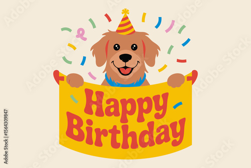 Happy golden retriever holds a happy birthday banner, perfect for greeting cards, social media posts, or petrelated celebrations.