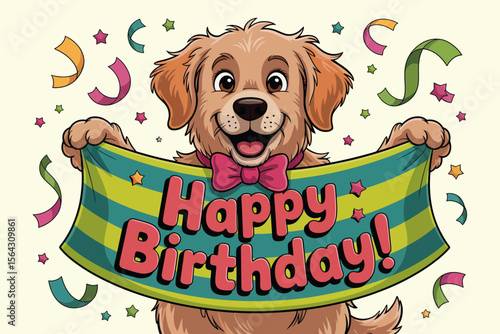 Happy golden retriever puppy holds a happy birthday banner. Perfect for greeting cards, birthday invitations, petrelated designs, and social media posts.