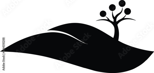 Desert sand dunes tree silhouette. desert scene with sand dunes, tree, and shrubs in black and white
