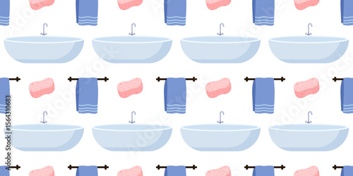Colorful bathroom pattern with sinks, towels, and sponges on a white background