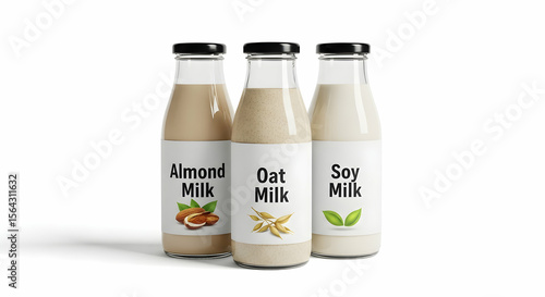 Three glass bottles showcase almond, oat, and soy milk alternatives on a crisp white background for a healthy and modern choice.