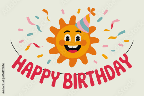 Smiling sun in a party hat celebrates a happy birthday, ideal for greeting cards, invitations, and festive designs.