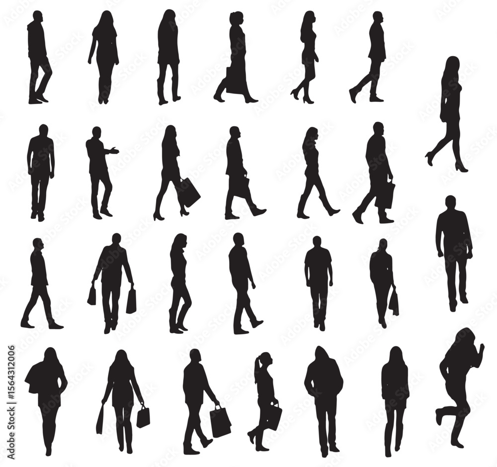 Fototapeta premium People Silhouettes, Walking Figures Vector Isolated on White
