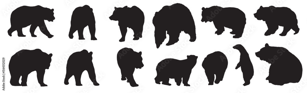 Fototapeta premium Bear Silhouettes Set, Vector Illustration Isolated on White Background.