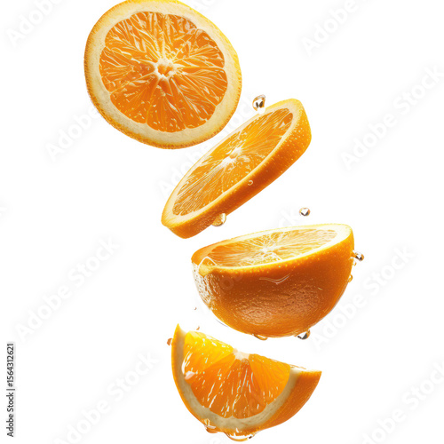 Sliced oranges floating in the air with water droplets.
