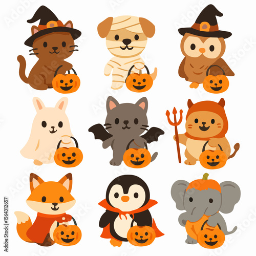 Halloween animals with pumpkins and costumes