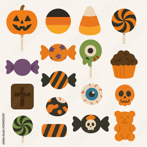Halloween candy assortment flat icons for festive designs