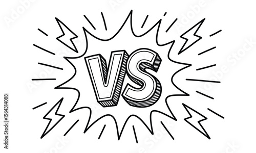 Hand drawn doodle illustration of bold VS letters with comic-style lightning and explosion effects. Perfect for competition, versus concept, or game battle theme. Isolated on white background.