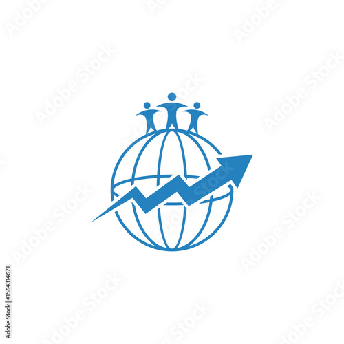 Global growth symbolized by people standing on a globe with an upward trend arrow.