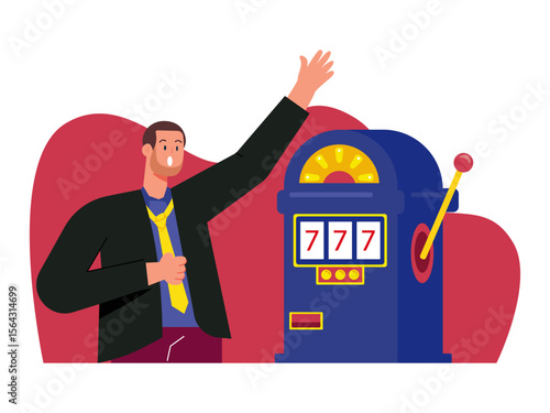 Man coming home from work playing casino slot game. Las Vegas illustration. Vector flat illustration.