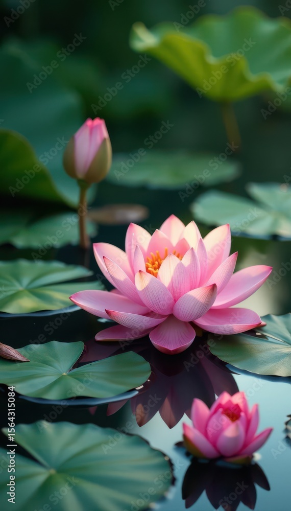 Obraz premium Elegant lotus pond scene, soft light Tranquil water, floating petals , background, yoga, petal