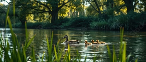 A mother duck swimming in a river followed by her ducklings