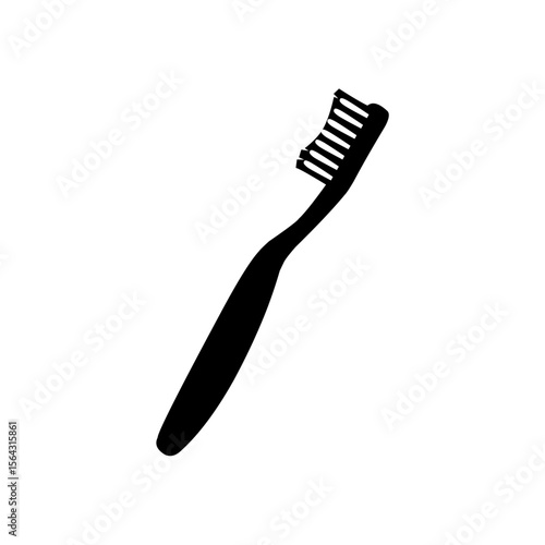 A simple black silhouette of a toothbrush with a curved handle and detailed bristles. Ideal for dental care, hygiene, medical, or minimalist health-related designs