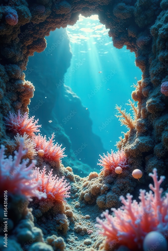 Obraz premium Sunlit Underwater Coral Reef Cave Scene with Vibrant Pink Coral and Ocean Life