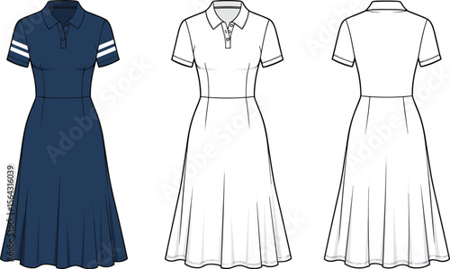 Polo dress flat sketch, short sleeve dress vector, fashion technical drawing, casual women dress, collar dress design template