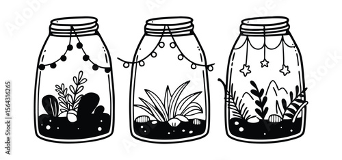 Elegant black and white illustrations of terrariums in mason jars with fairy lights and decorations