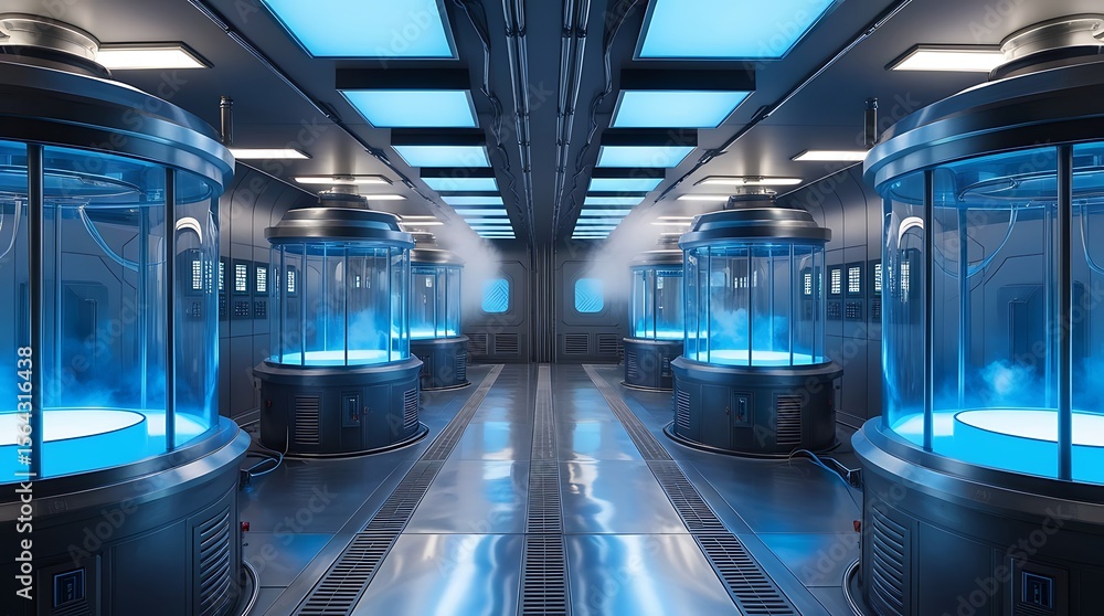 Fototapeta premium Futuristic sci-fi laboratory corridor featuring glowing blue cryogenic pods with mist and neon lighting, symbolizing advanced cloning, biotechnology, and future medical technology.
