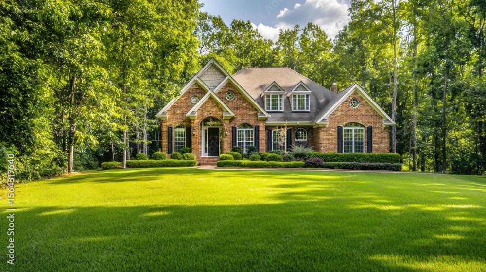 Fototapeta premium A large, two-story brick house with a green lawn and a large tree in the background. The house features a front porch with columns and a chimney.