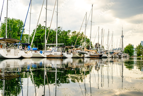Photography sailboats  on a channel  in the toronto islands in summer with the city skyline