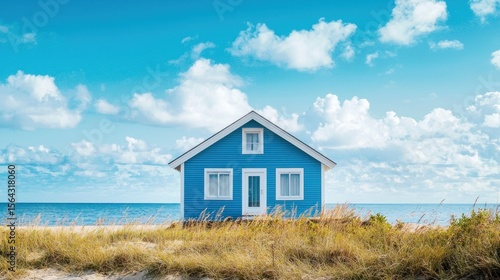 A blue house with a white roof and trim, situated on a sandy beach with grass and sand dunes, overlooking the ocean under a blue sky with white clouds.