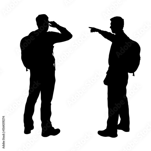 travel man thinking , Two people in silhouette with backpacks one pointing and one thinking