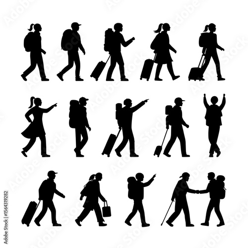 travel peoples vector set , Silhouette illustration of people traveling with bags and backpacks
