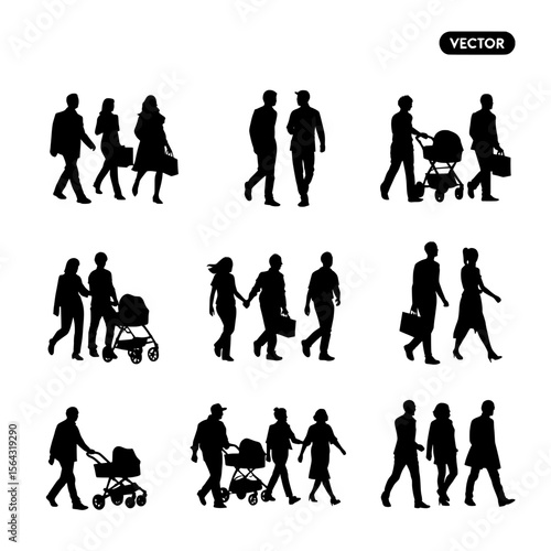 Silhouettes of people walking with strollers and carrying bags vector art
