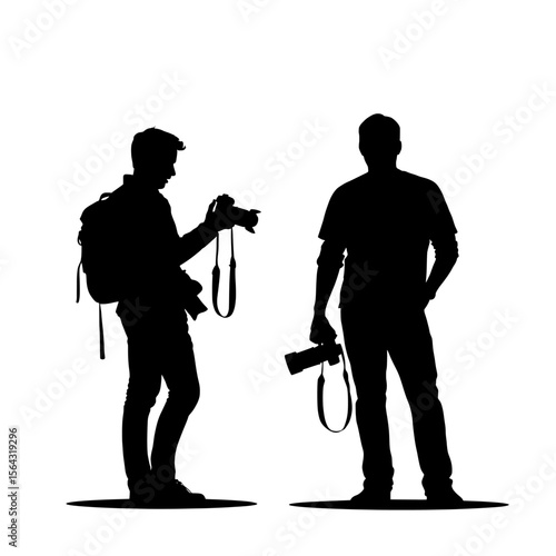 photographer Silhouette of two men holding cameras standing on a white background