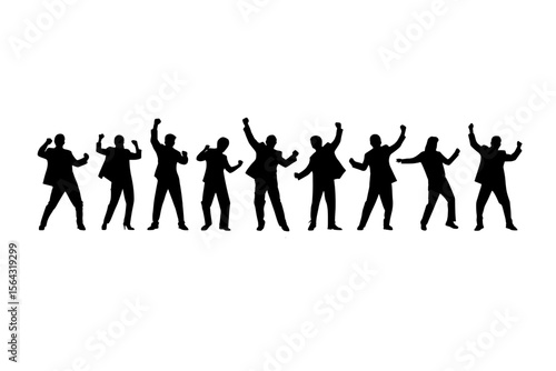 silhouettes of people dancing , Silhouettes of people celebrating with arms raised on white background