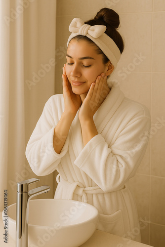 young woman in bathroom doing skin care