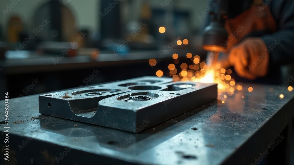 Naklejka premium Close-up of a metalworking process showing sparks and a detailed metal component