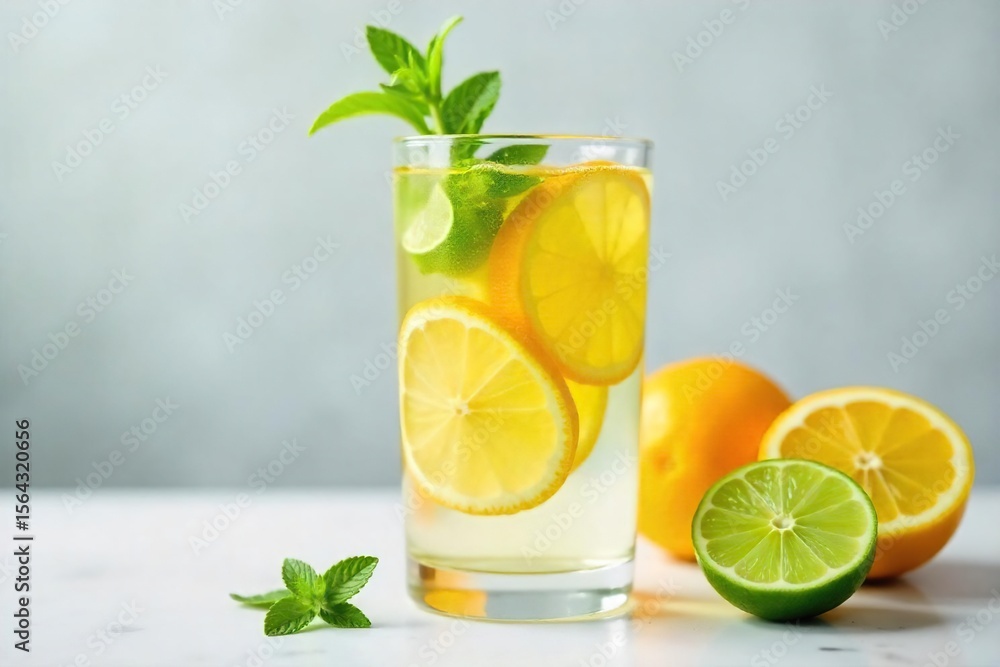 Fototapeta premium Refreshing Citrus Infused Water Lemon, Lime & Orange Slices in a Glass. Perfect Summer Hydration Drink for Healthy Living. Garnish with Mint.