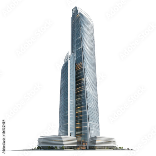 Modern architectural design of a tall glass skyscraper building against  isolated on white transparent background PNG