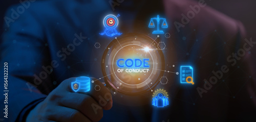 Wallpaper Mural Code of conduct concept, a set of guidelines and rules that outline expected behaviors and ethical standards within an organization. Code of conduct banner web icons on virtual screen. Torontodigital.ca