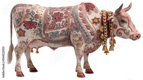Intricately patterned cow statue stands on a black background with decorative bells adding a unique cultural artistic presence.