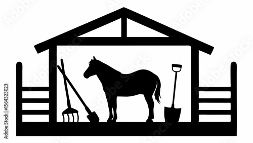 Silhouette of a horse in a barn with gardening tools including a rake and shovel inside the structure | editable eps vectors