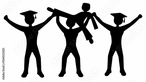 Silhouette illustration of graduates celebrating with one being lifted by their classmates in black and white | editable eps vectors