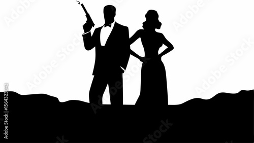 Silhouette of a man holding a gun and a woman standing next to him in black and white style | editable eps vectors