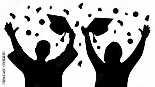 Silhouettes of two graduates throwing their caps in the air in celebration of graduation day event | editable eps vectors