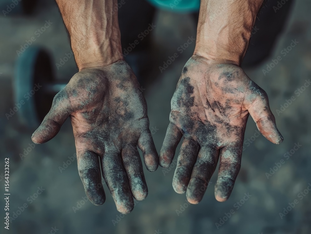 Fototapeta premium Close Up of Dirty Calloused Hands Covered in Chalk Dust