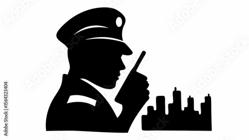 Silhouette of a police officer with a radio in hand standing in front of a city skyline at night time | editable eps vectors