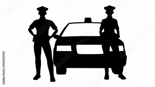 Two police officers standing next to a police car in silhouette on a white background image scene | editable eps vectors