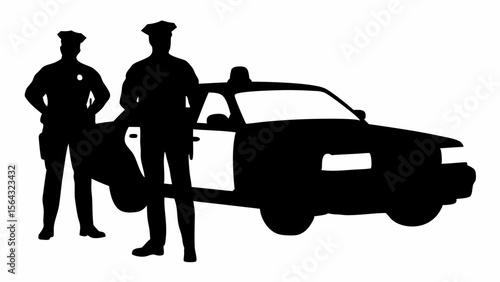 Silhouette of two police officers standing next to a patrol car in black and white illustration | editable eps vectors