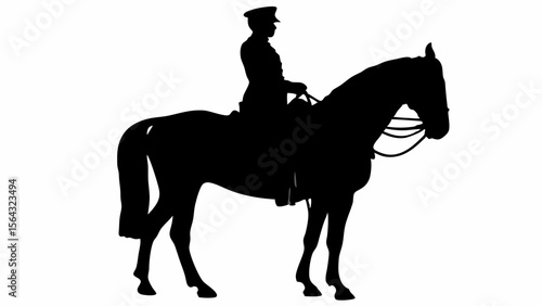 Silhouette of a horse and rider wearing a cap and uniform standing still in a side profile view image | editable eps vectors