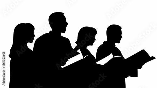 Silhouette of choir members singing from sheet music in a group performance on a white background | editable eps vectors