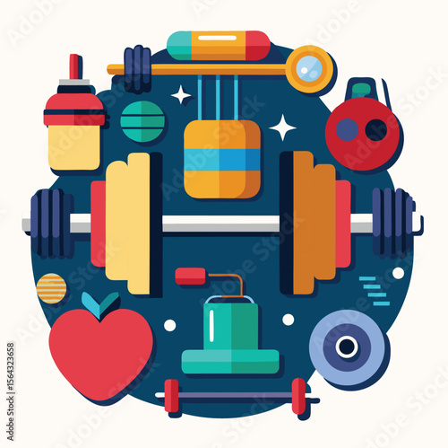 Vibrant flat illustration of fitness equipment and healthy lifestyle symbols arranged in a circular composition