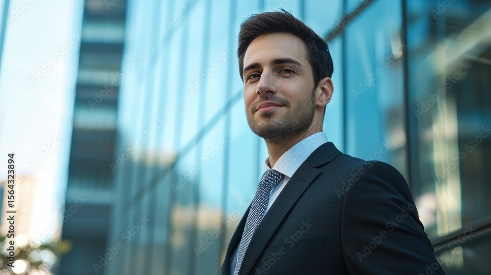 A confident businessman standing in front of a modern glass building. The man is dressed in a formal suit and tie, exuding confidence and professionalism. A confident businessman standing in front of a modern glass building. The man is dressed in a formal suit and tie, exuding confidence and professionalism.